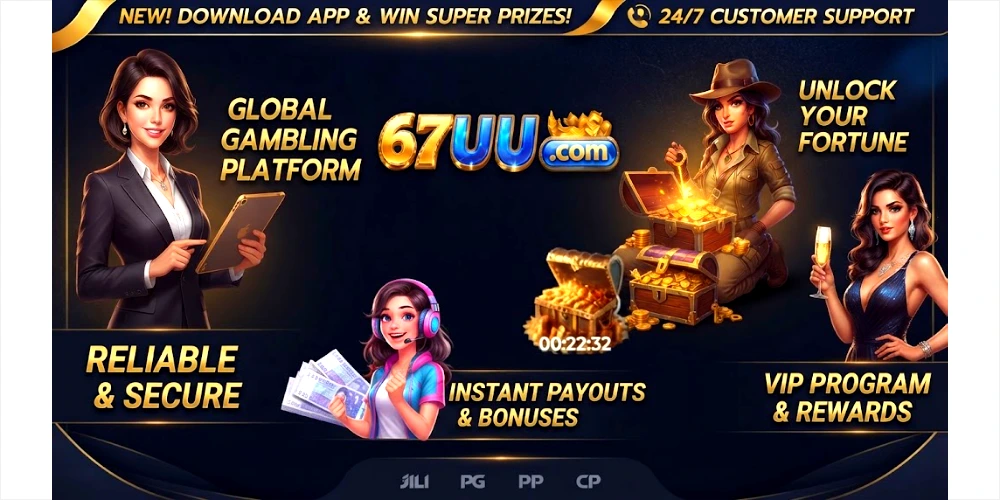 : An promotional banner for the "67UU Game APK" online gambling platform, featuring illustrations of a businesswoman with a tablet, a treasure hunter with gold chests, a gamer with money, and a VIP host with champagne. Text highlights include "Global Gambling Platform," "Reliable & Secure," and various bonuses and programs. Provider logos like JILI, PG, PP, and CP are at the bottom.