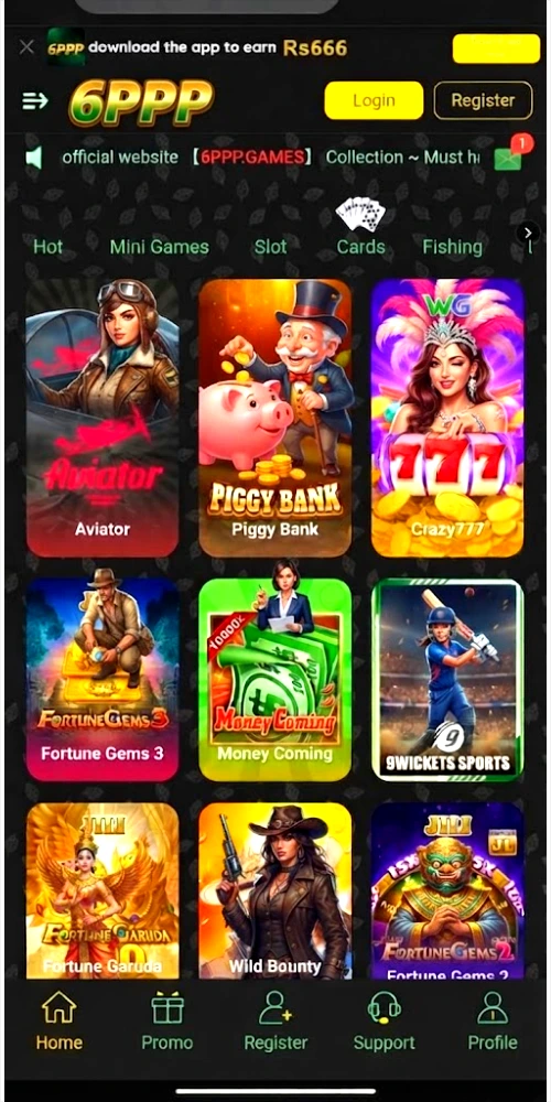 A screenshot of the 6ppp game mobile application homescreen, displaying a grid of various online casino and sports betting game tiles, including 'Aviator', 'Piggy Bank', and '9Wickets Sports'.
