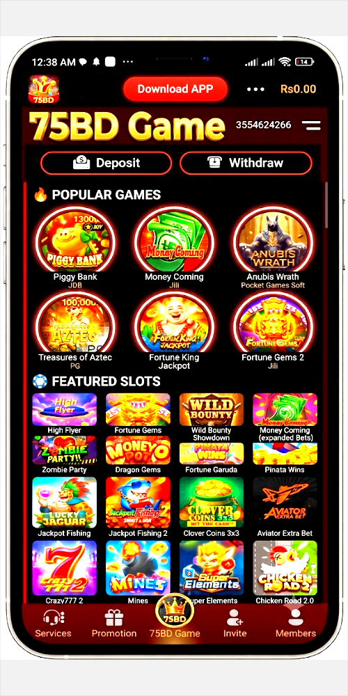 A mobile phone screen displaying the interface of the 75BD Game, an online casino app, featuring game categories for 'Popular Games' and 'Featured Slots,' with buttons for deposit and withdrawal and icons for individual games like Piggy Bank, Money Coming, and Anubis Wrath.