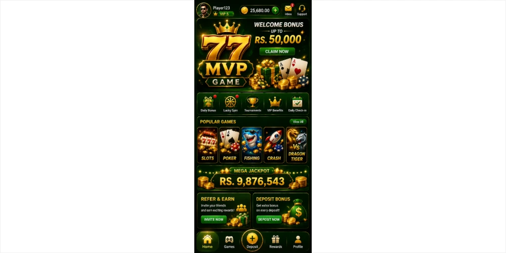 77MVP Game home screen with welcome bonus, popular games, jackpot and rewards