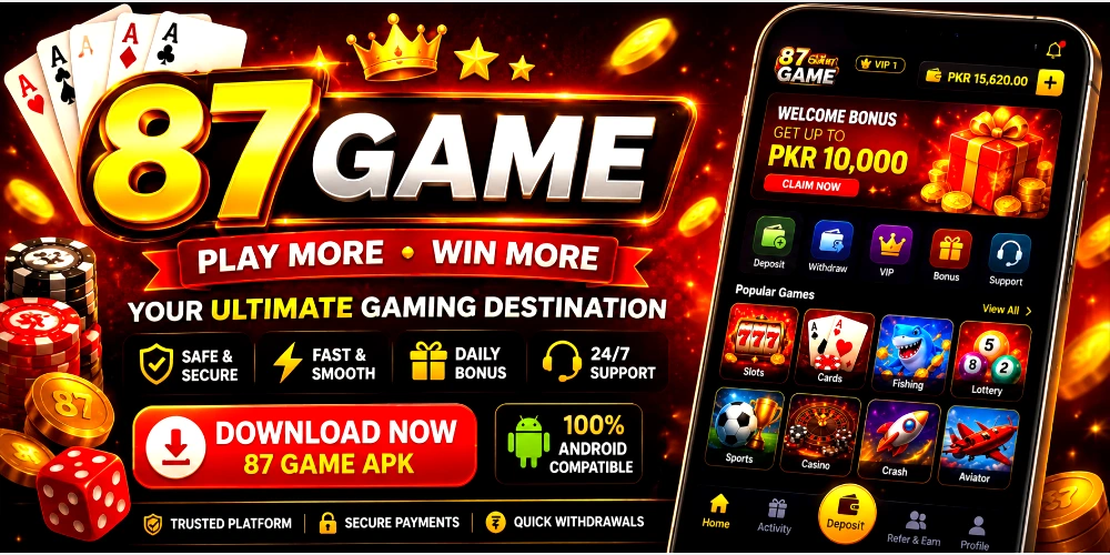 87 Game APK download banner with mobile gaming interface
