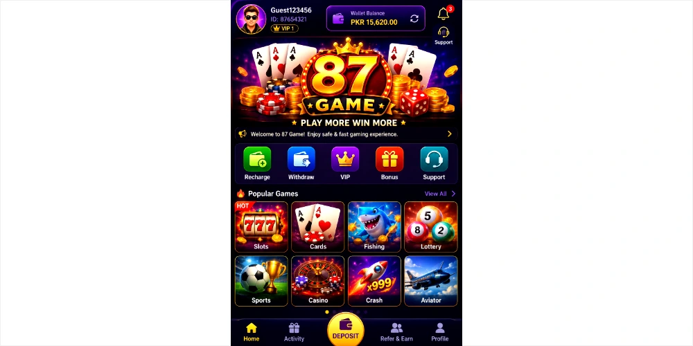 87 Game APK home screen and mobile gaming interface