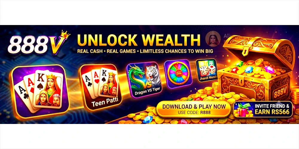 A horizontal banner advertisement for the 888V mobile gaming app, showing the logo, game icons for Teen Patti, Dragon VS Tiger, Lucky Spin, and Jhandi Munda, an open treasure chest spilling gold, and a download button with the code R888.