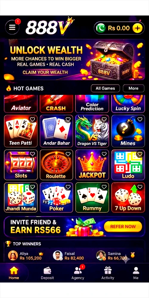 Dashboard view of the 888v earning game mobile app showcasing featured mini-games like Teen Patti, Dragon VS Tiger, and Ludo alongside real cash reward balances.
