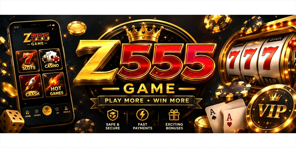 Z555 Game casino-style gaming banner with gold and red design