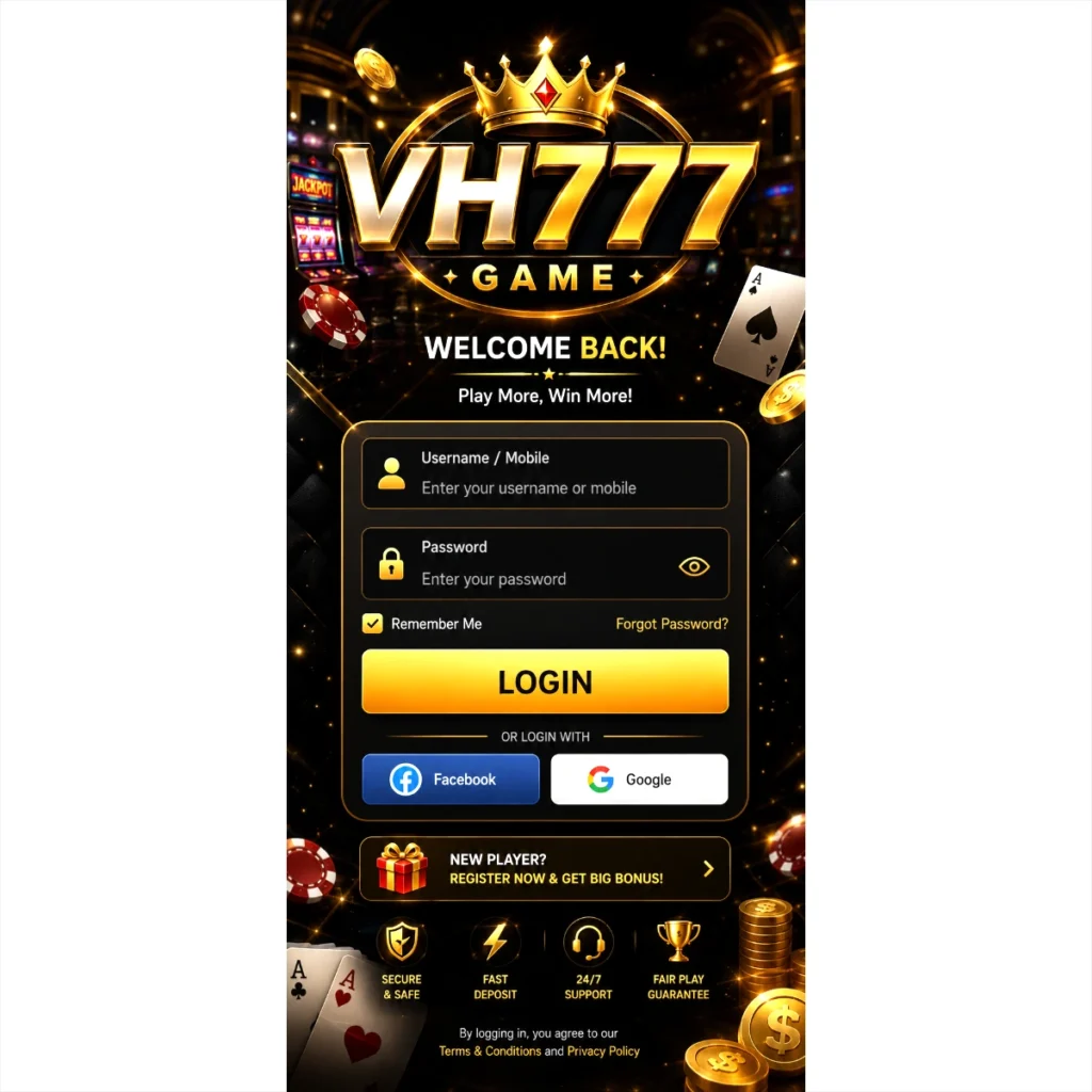VH777 Game login screen with secure user login interface for Android APK.