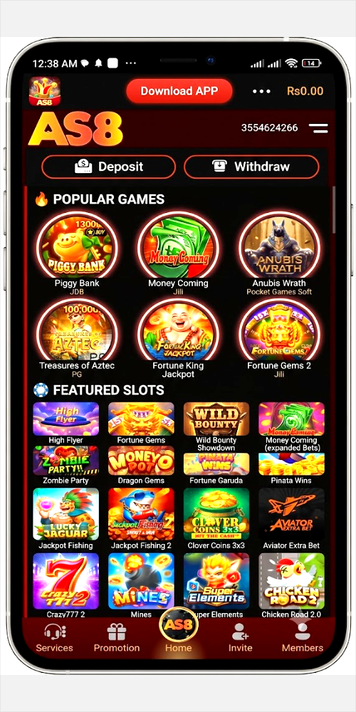 75BD GAME online casino mobile app lobby screen displaying popular games, featured slots, and account functions like deposit and withdraw.