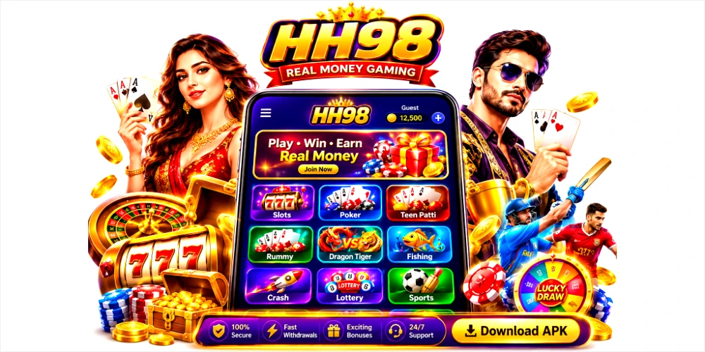 HH98 Game home image featuring real money gaming character and casino-style elements