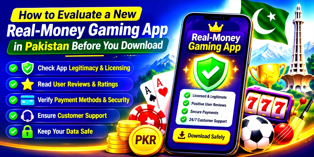 How to Evaluate a New Real-Money Gaming App in Pakistan Before You Download banner showing app security checks, licensing verification, payment safety, user reviews, and secure download tips