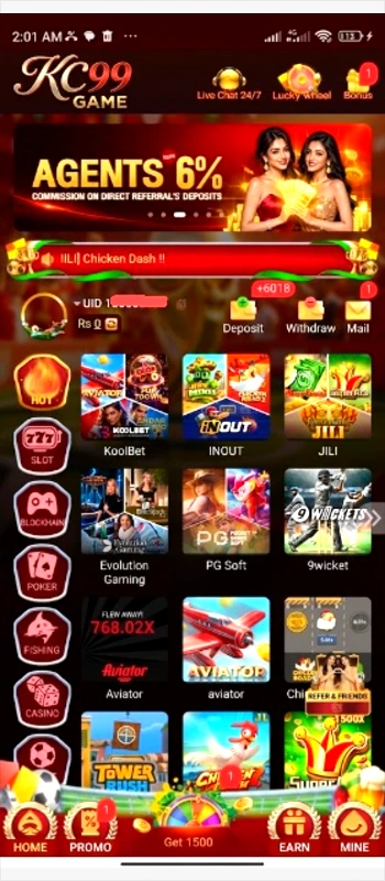 KC99 Game mobile app lobby user interface displaying gaming categories, referral banner, user account details, and various game tiles with red and gold branding.
