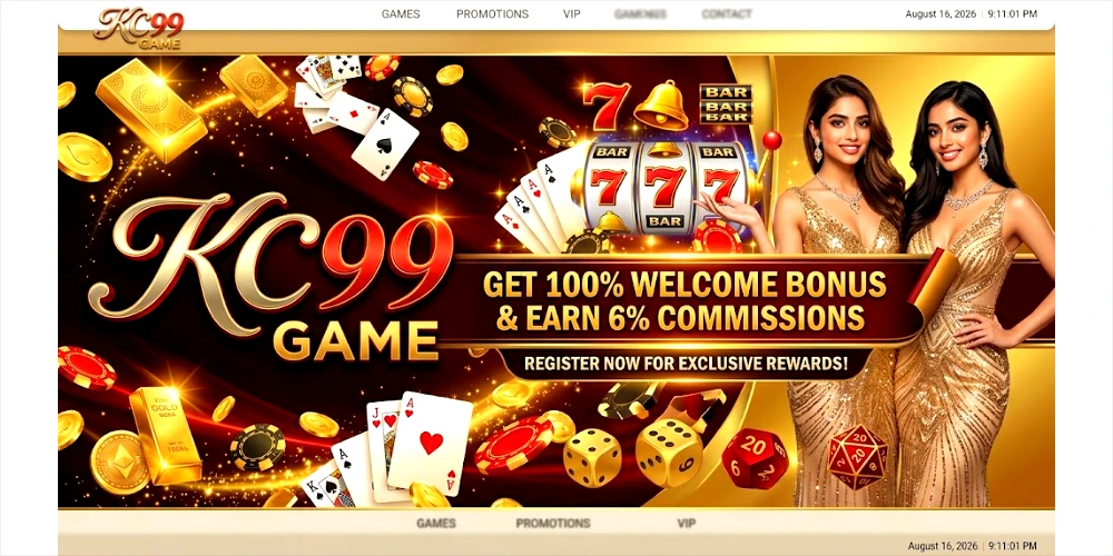 Promotional header banner for KC99 Game with 3D gold typography, casino gaming elements like coins and slot icons, and promotional bonus offer graphics on a luxury dark red background