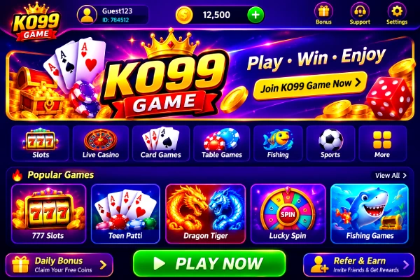 KO99 Game main Android app interface showing game categories, profile dashboard, and interactive features.