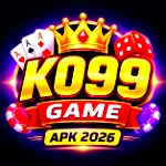 KO99 Game APK 2026 logo featuring a crown, playing cards, dice, and poker chips