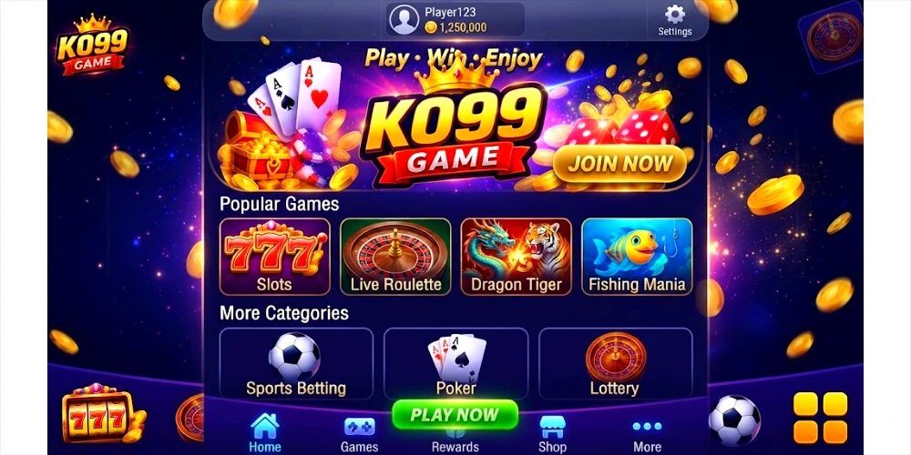 KO99 Game mobile application homescreen layout showcasing popular game categories, user profile, and navigation menu