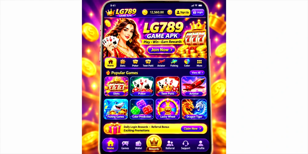 LG789 Game APK app screen showing the Android game interface with Slots, Poker, Teen Patti, Aviator, Fishing Games, Color Prediction, Lucky Wheel, and Dragon Tiger mini games.