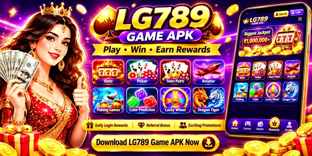LG789 Game APK banner featuring a female gaming character, Slots, Poker, Teen Patti, Aviator, Fishing Games, Color Prediction, Lucky Wheel, and Dragon Tiger for Android users.