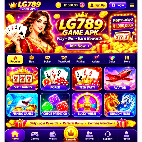 LG789 Game APK home screen featuring mini games including Slots, Poker, Teen Patti, Aviator, Fishing Games, Color Prediction, Lucky Wheel, and Dragon Tiger for Android users.