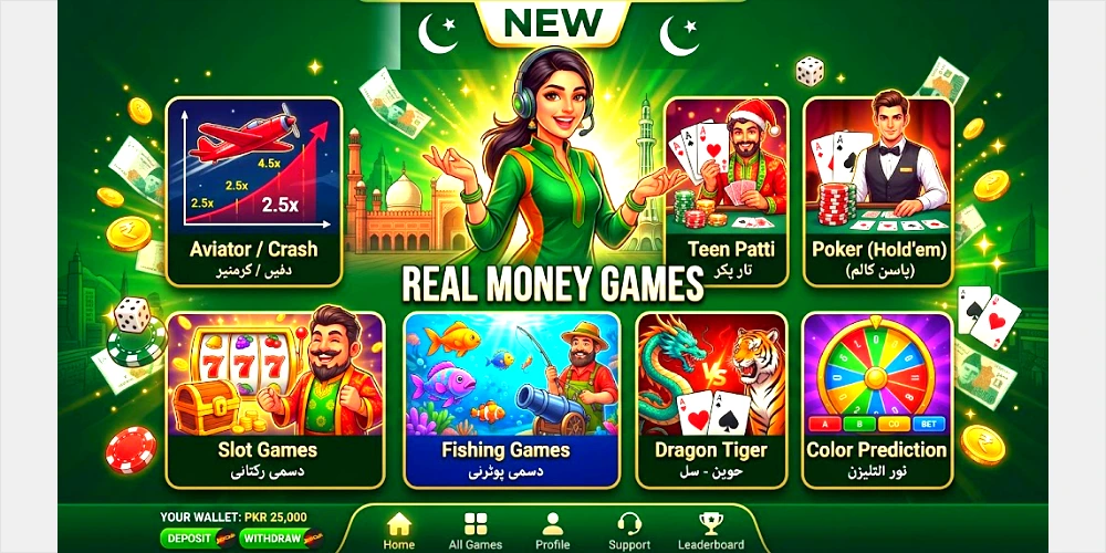 Mobile app homescreen for new real money games in Pakistan displaying categories for Aviator, Teen Patti, Poker, Slots, Fishing, Dragon Tiger, and Color Prediction games.