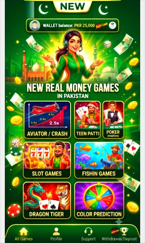 Vertical mobile interface showcasing new real money games in Pakistan with categories like Aviator, Teen Patti, Slots, and local wallet payment options.