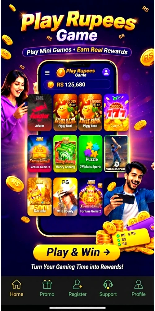 An advertisement for the Play Rupees Game app featuring a woman and a man celebrating. The central phone screen displays a menu of games like Aviator, Piggy Bank, and Fortune Gems, with text stating "Play Mini Games & Earn Real Rewards" and a balance of "RS 125,680". Floating coins with "RS" are scattered around.