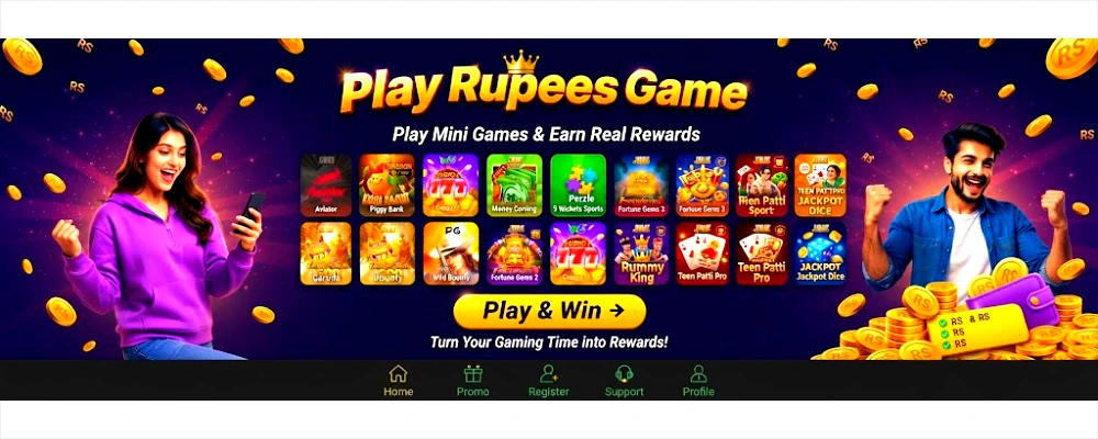 A promotional banner for "Play Rupees Game," featuring a smiling woman and man celebrating. The background is a dark purple space with falling gold coins marked "RS." A central grid displays various mini-games, including "Aviator," "Piggy Bank," "Fortune Gems," "Teen Patti," and "Jackpot Dice," with the text "Play Mini Games & Earn Real Rewards" and "Turn Your Gaming Time into Rewards!" Below the grid is a large "Play & Win →" button and a footer menu with Home, Promo, Register, Support, and Profile icons. A stack of gold coins with a purple wallet is on the right.