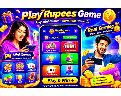 A vibrant promotional banner for the Play Rupees Game app, featuring a smiling man and woman holding smartphones, celebrating with coins and a purple wallet. The central smartphone screen shows a game menu with options like "Spin & Win," "Lucky Games," "Quiz," and "Card Games," alongside text about earning real rewards and instant withdrawals in Indian Rupees.