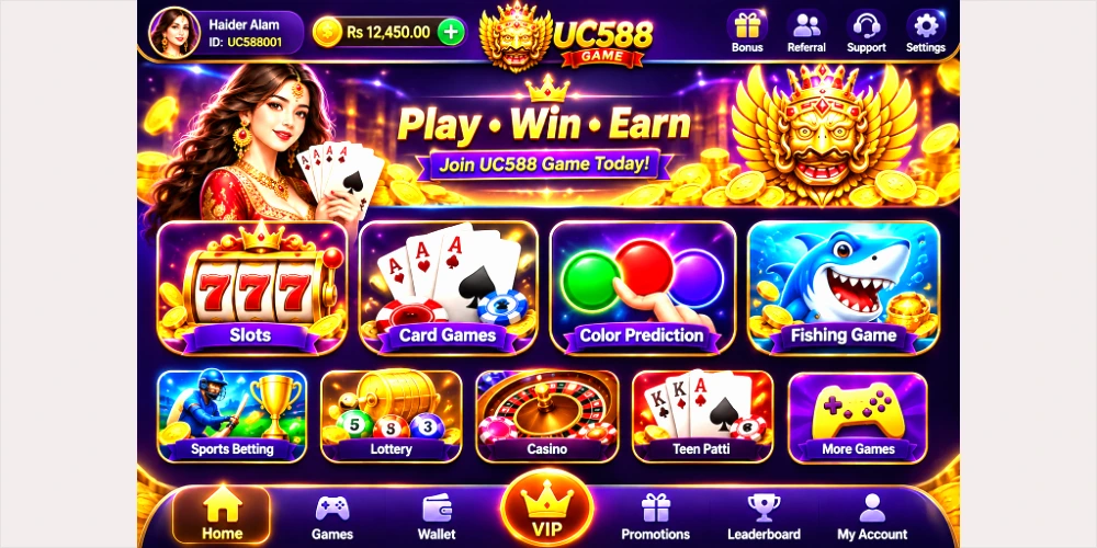 UC588 Game APK game lobby displaying slot reels, card tables, and color prediction choices for real money gaming in Pakistan