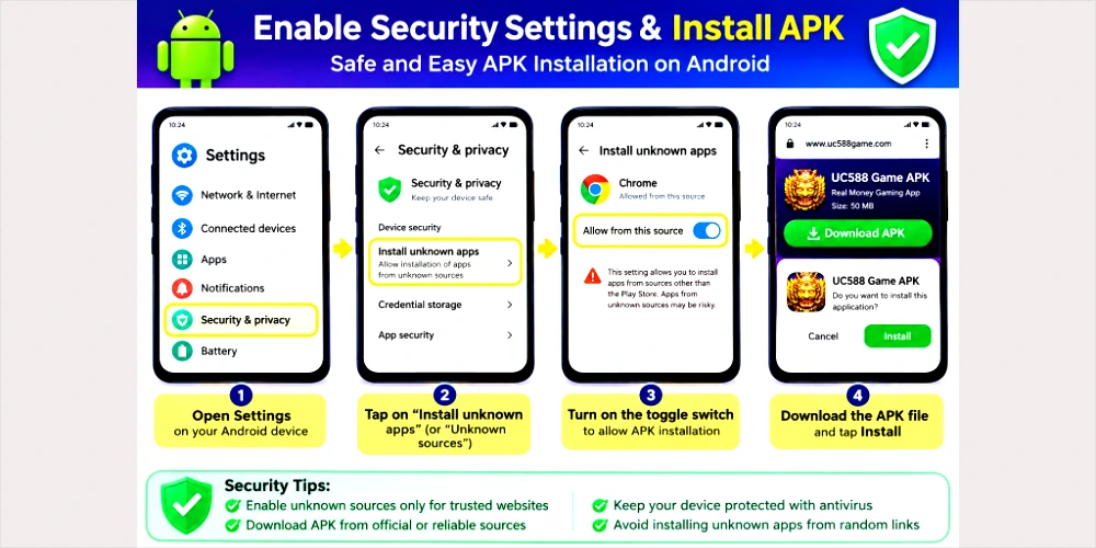 UC588 Game APK installation guide showing Android Security settings toggle and APK installation process for safe app setup