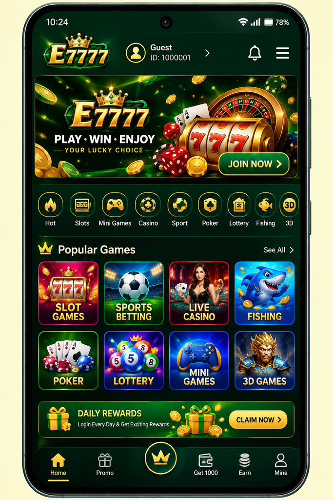 E7777 Game home screen with casino games, rewards, and mobile navigation