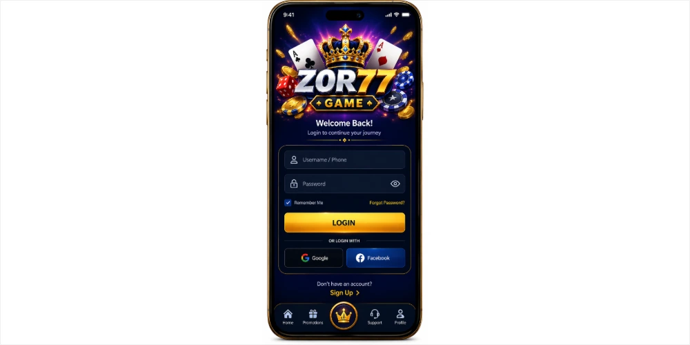 Z0R77 Game login screen on Android